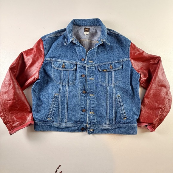 🔥True Vintage Rare Lee Denim Jacket+ Red Leather Hybrid USAXL 70s Trucker